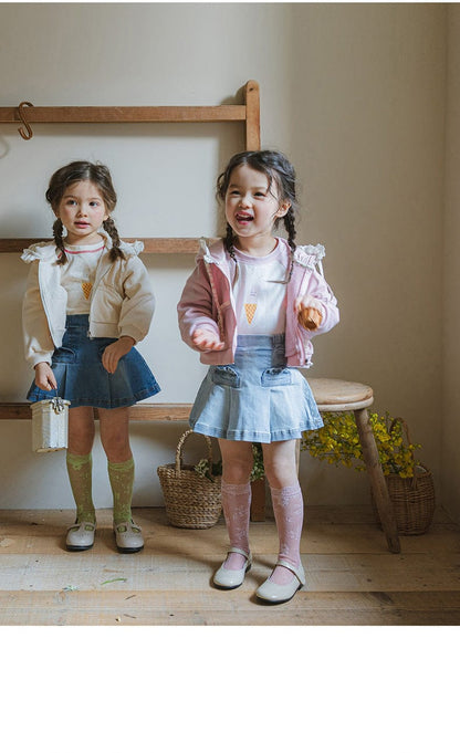 カーディガン・パーカー フリル襟付きジップアップパーカー 小花柄リボン付きポケット フード付きスウェット【mh0010825】