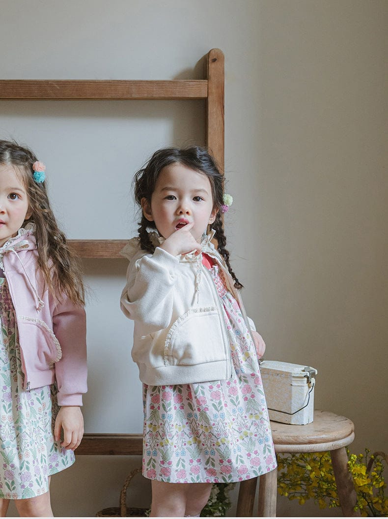 カーディガン・パーカー フリル襟付きジップアップパーカー 小花柄リボン付きポケット フード付きスウェット【mh0010825】