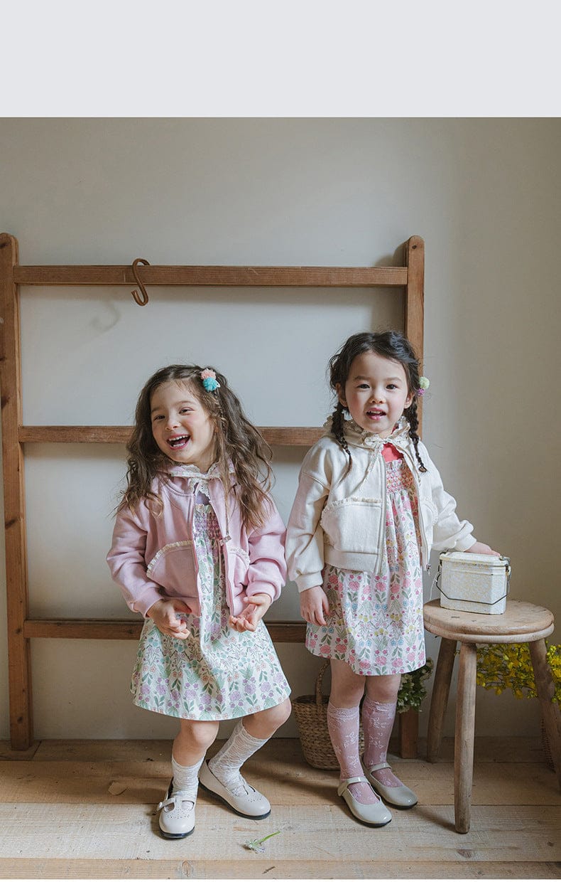 カーディガン・パーカー フリル襟付きジップアップパーカー 小花柄リボン付きポケット フード付きスウェット【mh0010825】