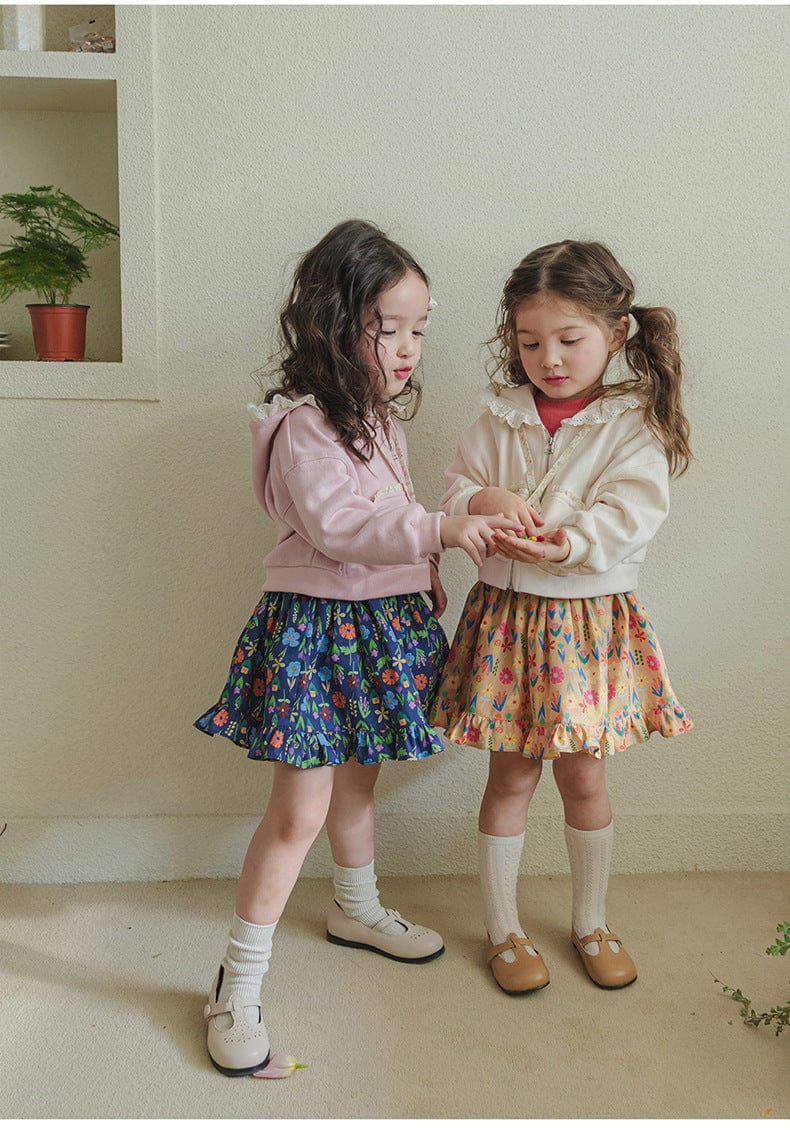 カーディガン・パーカー フリル襟付きジップアップパーカー 小花柄リボン付きポケット フード付きスウェット【mh0010825】