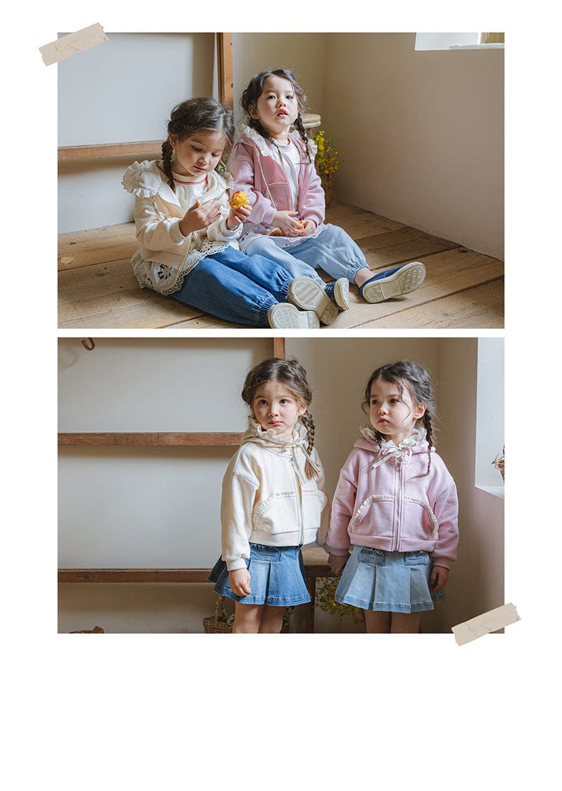 カーディガン・パーカー フリル襟付きジップアップパーカー 小花柄リボン付きポケット フード付きスウェット【mh0010825】