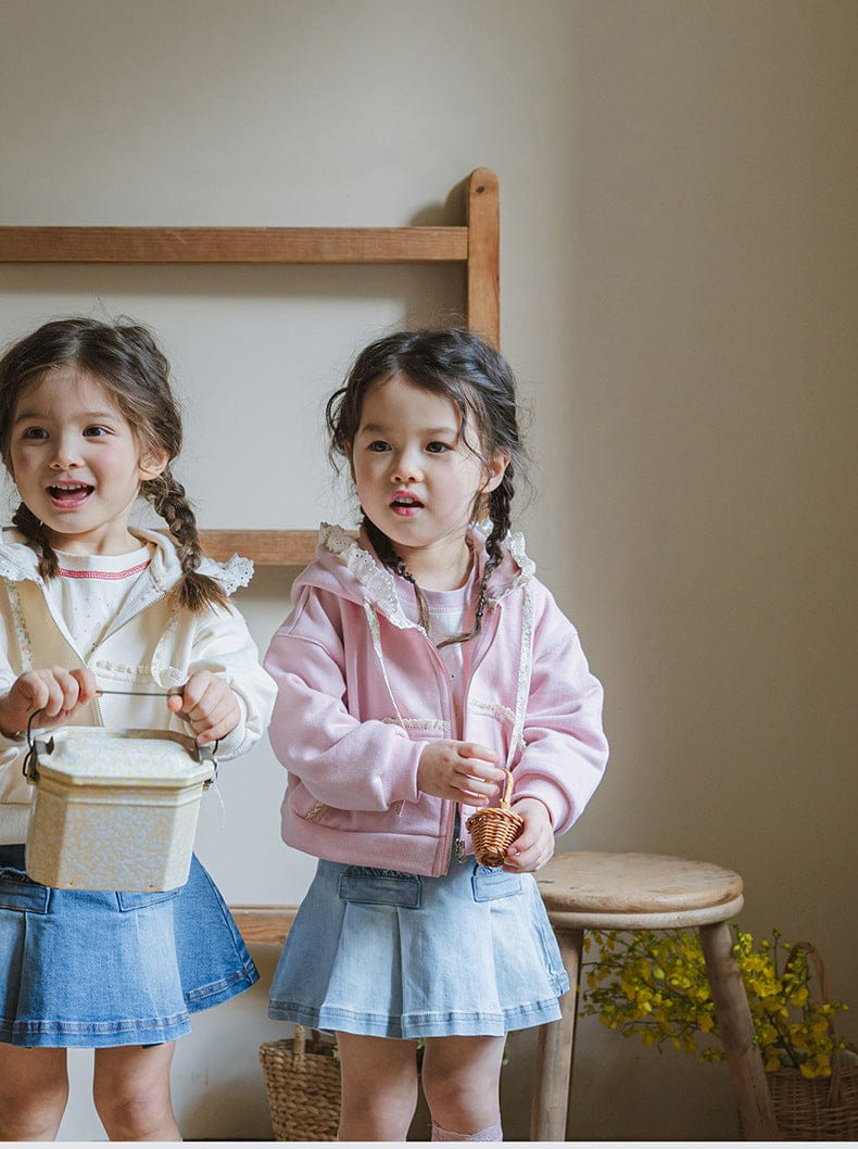 カーディガン・パーカー フリル襟付きジップアップパーカー 小花柄リボン付きポケット フード付きスウェット【mh0010825】