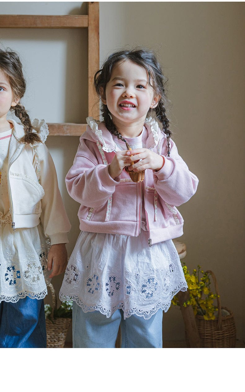 カーディガン・パーカー フリル襟付きジップアップパーカー 小花柄リボン付きポケット フード付きスウェット【mh0010825】