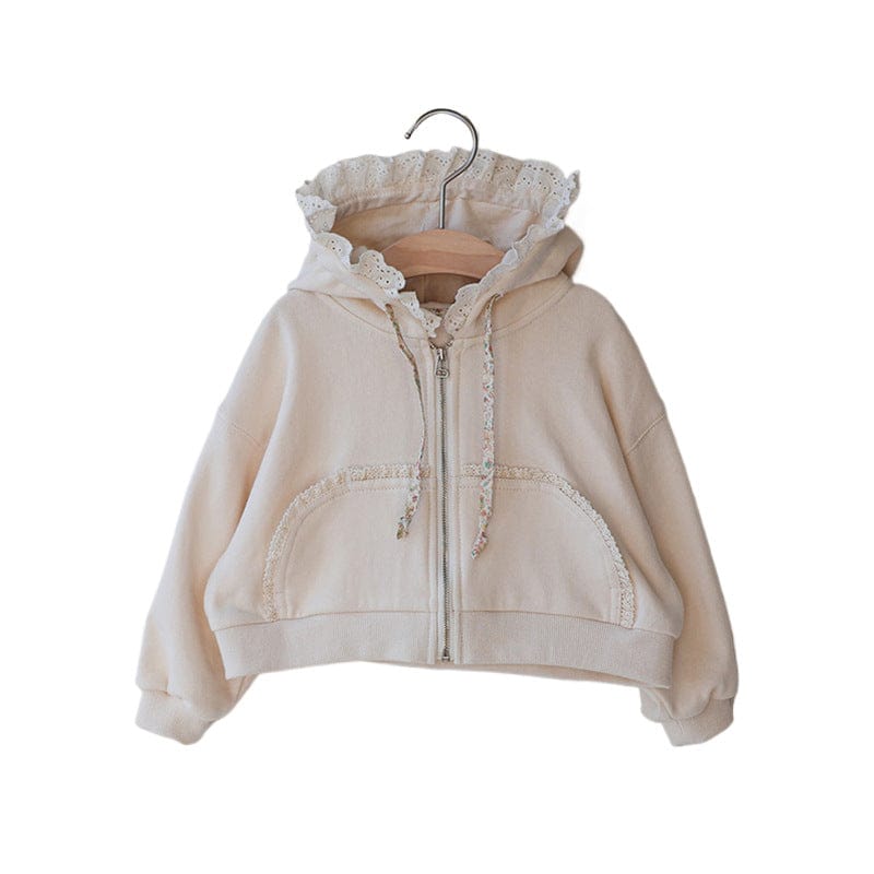 カーディガン・パーカー フリル襟付きジップアップパーカー 小花柄リボン付きポケット フード付きスウェット【mh0010825】