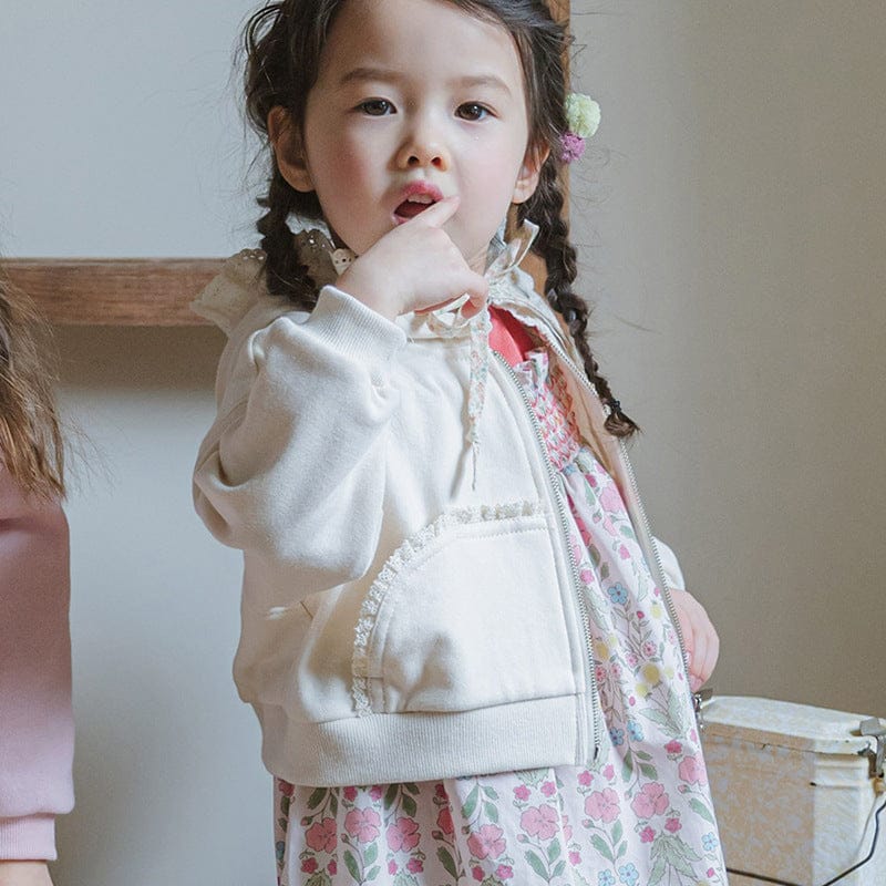 カーディガン・パーカー フリル襟付きジップアップパーカー 小花柄リボン付きポケット フード付きスウェット【mh0010825】