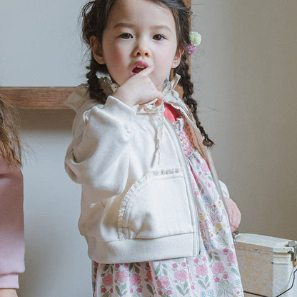カーディガン・パーカー フリル襟付きジップアップパーカー 小花柄リボン付きポケット フード付きスウェット【mh0010825】