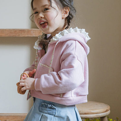 カーディガン・パーカー フリル襟付きジップアップパーカー 小花柄リボン付きポケット フード付きスウェット【mh0010825】