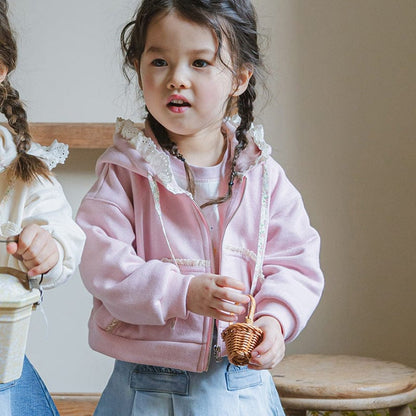 カーディガン・パーカー フリル襟付きジップアップパーカー 小花柄リボン付きポケット フード付きスウェット【mh0010825】