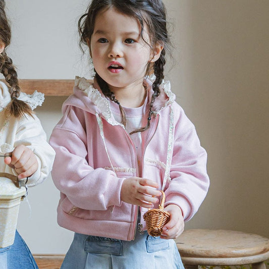 カーディガン・パーカー フリル襟付きジップアップパーカー 小花柄リボン付きポケット フード付きスウェット【mh0010825】