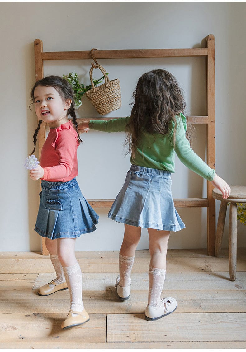 スカート プリーツフリルポケットデニムスカート イージーウエストミニスカート【mh0010828】