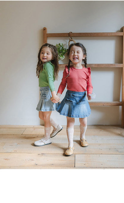 スカート プリーツフリルポケットデニムスカート イージーウエストミニスカート【mh0010828】