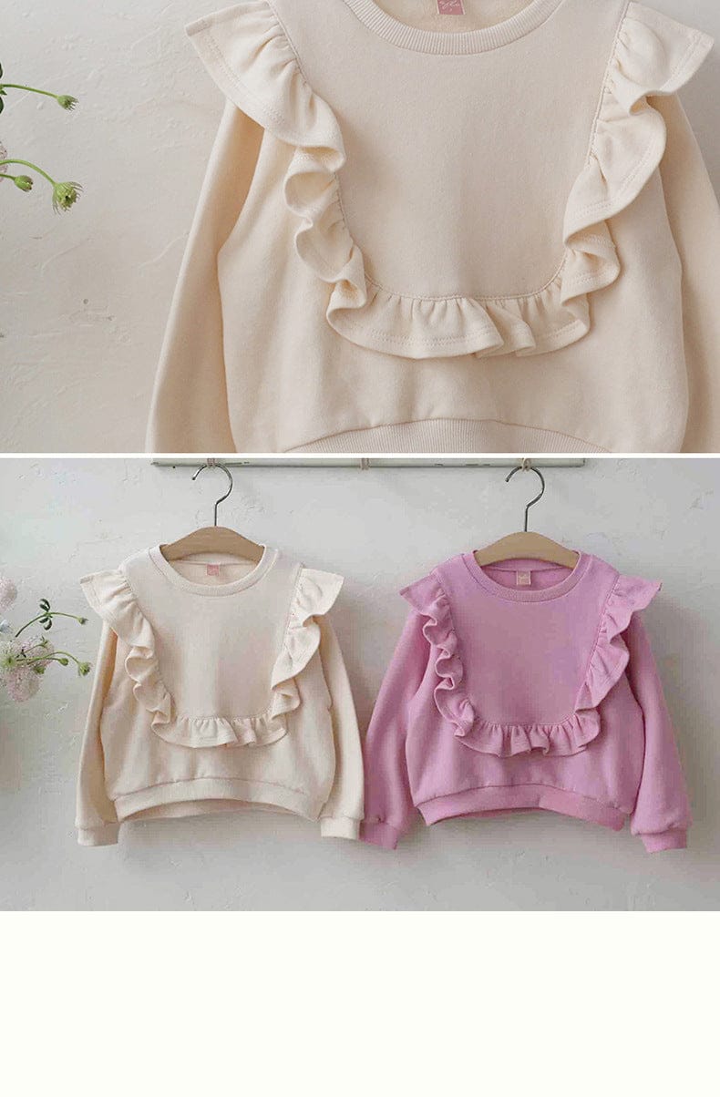 トレーナー・フーディ ショルダーフリルスウェットシャツ ラウンドネックプルオーバー 長袖トップス【mh0010829】