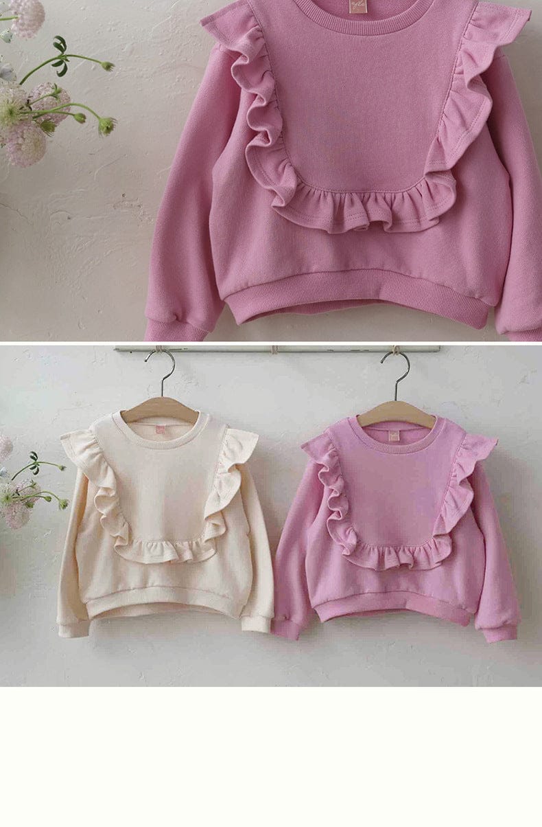 トレーナー・フーディ ショルダーフリルスウェットシャツ ラウンドネックプルオーバー 長袖トップス【mh0010829】