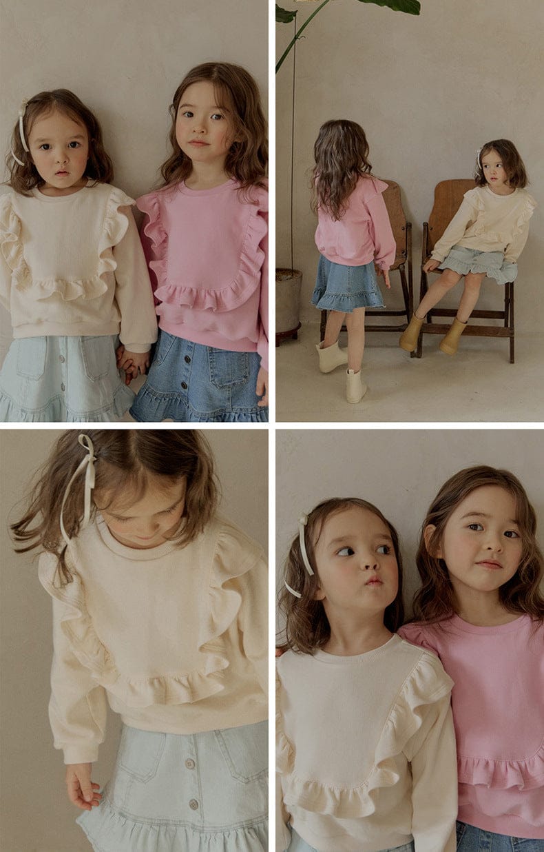 トレーナー・フーディ ショルダーフリルスウェットシャツ ラウンドネックプルオーバー 長袖トップス【mh0010829】