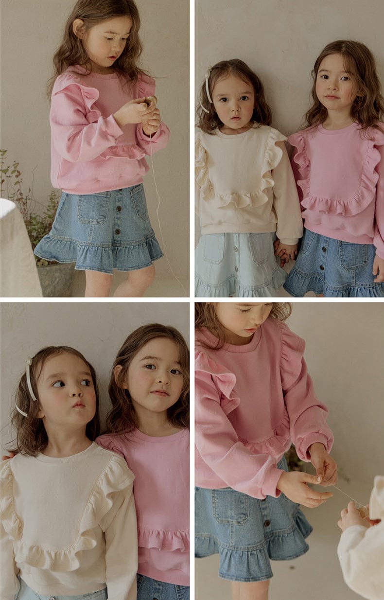 トレーナー・フーディ ショルダーフリルスウェットシャツ ラウンドネックプルオーバー 長袖トップス【mh0010829】