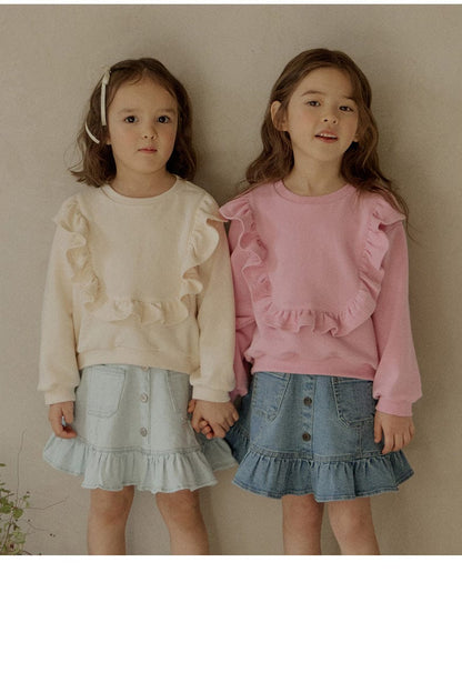 トレーナー・フーディ ショルダーフリルスウェットシャツ ラウンドネックプルオーバー 長袖トップス【mh0010829】