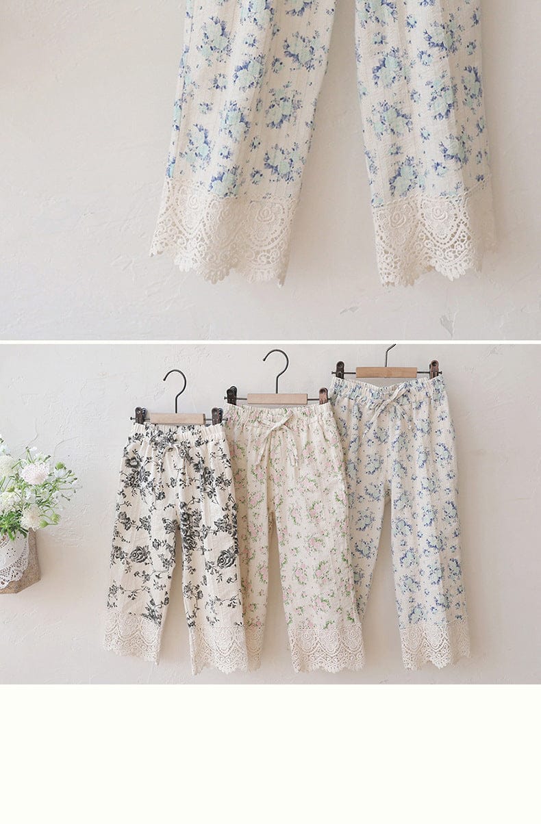 ロングパンツ・スウェットパンツ 裾レース花柄パンツ イージーウエスト ボトムス【mh0010831】