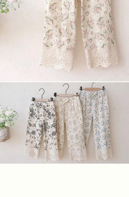 ロングパンツ・スウェットパンツ 裾レース花柄パンツ イージーウエスト ボトムス【mh0010831】