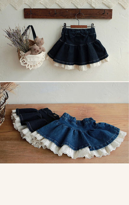 スカート 裾レースデニムミニスカート フレアシルエットショート丈スカート【mh0010833】