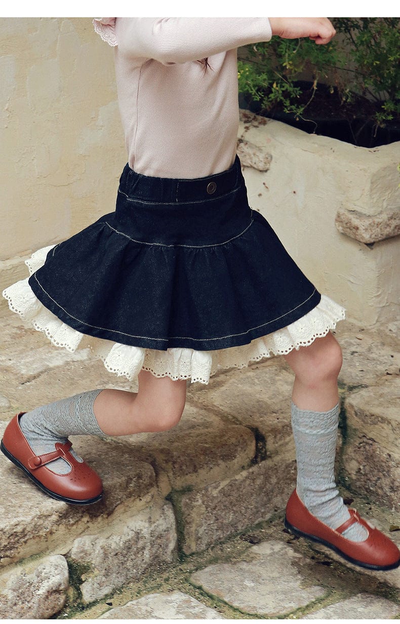 スカート 裾レースデニムミニスカート フレアシルエットショート丈スカート【mh0010833】