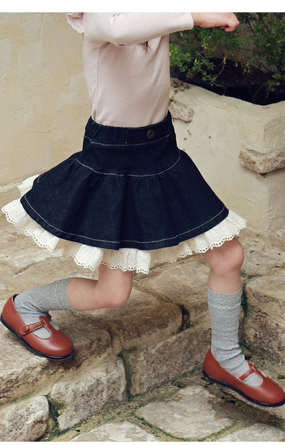 スカート 裾レースデニムミニスカート フレアシルエットショート丈スカート【mh0010833】