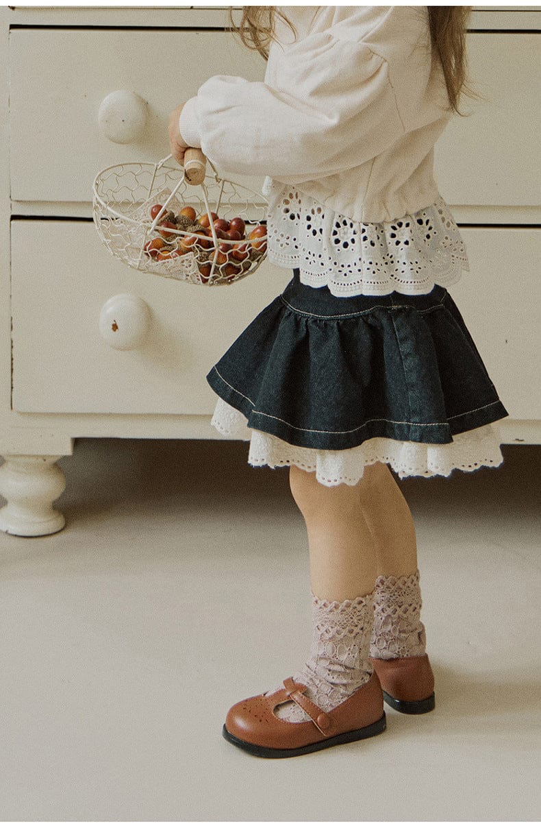 スカート 裾レースデニムミニスカート フレアシルエットショート丈スカート【mh0010833】