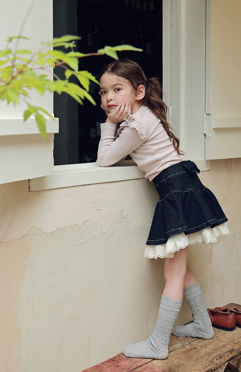 スカート 裾レースデニムミニスカート フレアシルエットショート丈スカート【mh0010833】