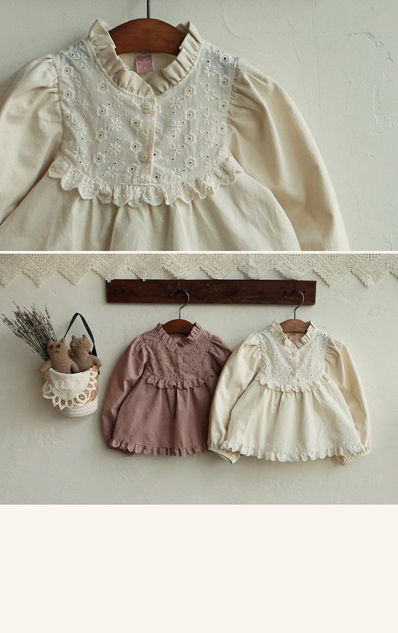 長袖シャツ・ブラウス フリルスタンドカラーブラウス 刺繍レース切り替えトップス【mh0010837】