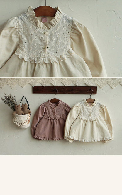 長袖シャツ・ブラウス フリルスタンドカラーブラウス 刺繍レース切り替えトップス【mh0010837】