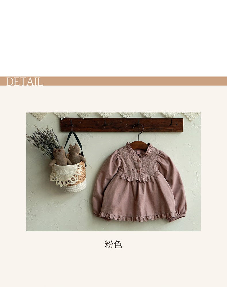 長袖シャツ・ブラウス フリルスタンドカラーブラウス 刺繍レース切り替えトップス【mh0010837】