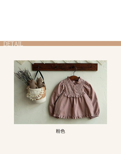 長袖シャツ・ブラウス フリルスタンドカラーブラウス 刺繍レース切り替えトップス【mh0010837】