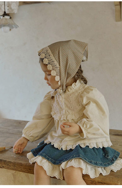 長袖シャツ・ブラウス フリルスタンドカラーブラウス 刺繍レース切り替えトップス【mh0010837】