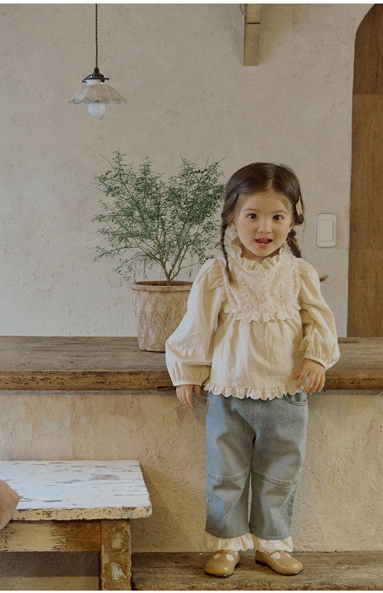 長袖シャツ・ブラウス フリルスタンドカラーブラウス 刺繍レース切り替えトップス【mh0010837】