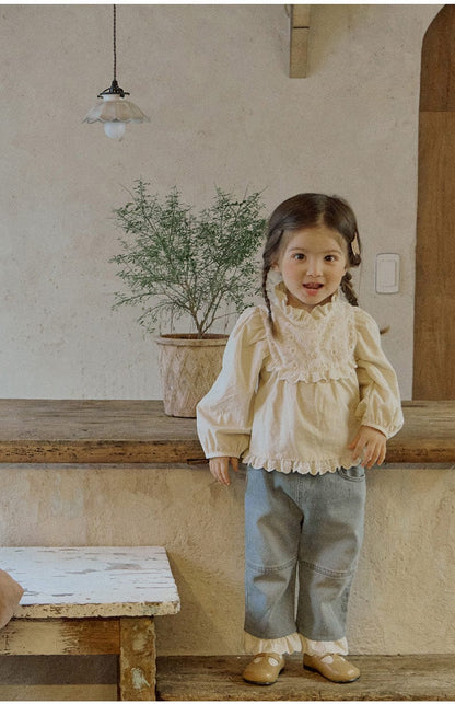 長袖シャツ・ブラウス フリルスタンドカラーブラウス 刺繍レース切り替えトップス【mh0010837】