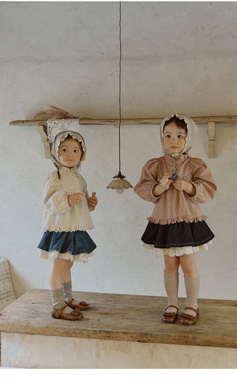 長袖シャツ・ブラウス フリルスタンドカラーブラウス 刺繍レース切り替えトップス【mh0010837】