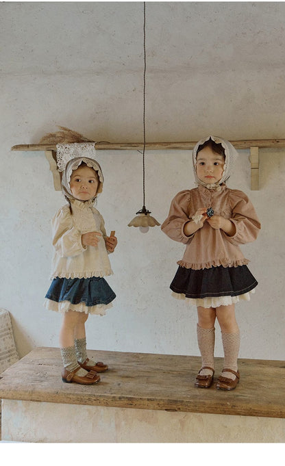 長袖シャツ・ブラウス フリルスタンドカラーブラウス 刺繍レース切り替えトップス【mh0010837】