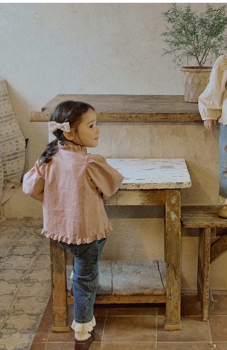 長袖シャツ・ブラウス フリルスタンドカラーブラウス 刺繍レース切り替えトップス【mh0010837】