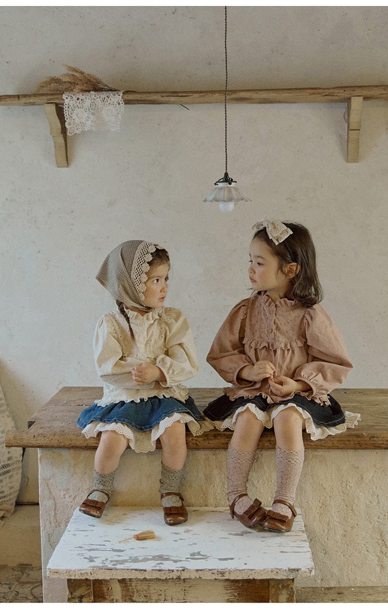 長袖シャツ・ブラウス フリルスタンドカラーブラウス 刺繍レース切り替えトップス【mh0010837】