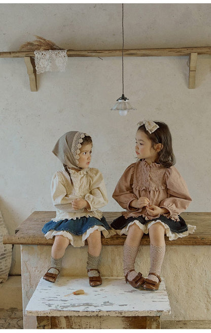 長袖シャツ・ブラウス フリルスタンドカラーブラウス 刺繍レース切り替えトップス【mh0010837】