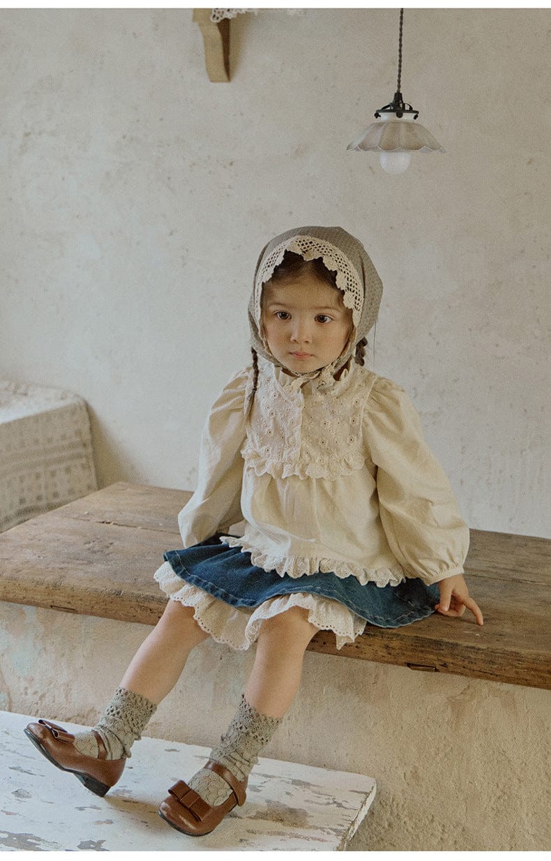 長袖シャツ・ブラウス フリルスタンドカラーブラウス 刺繍レース切り替えトップス【mh0010837】