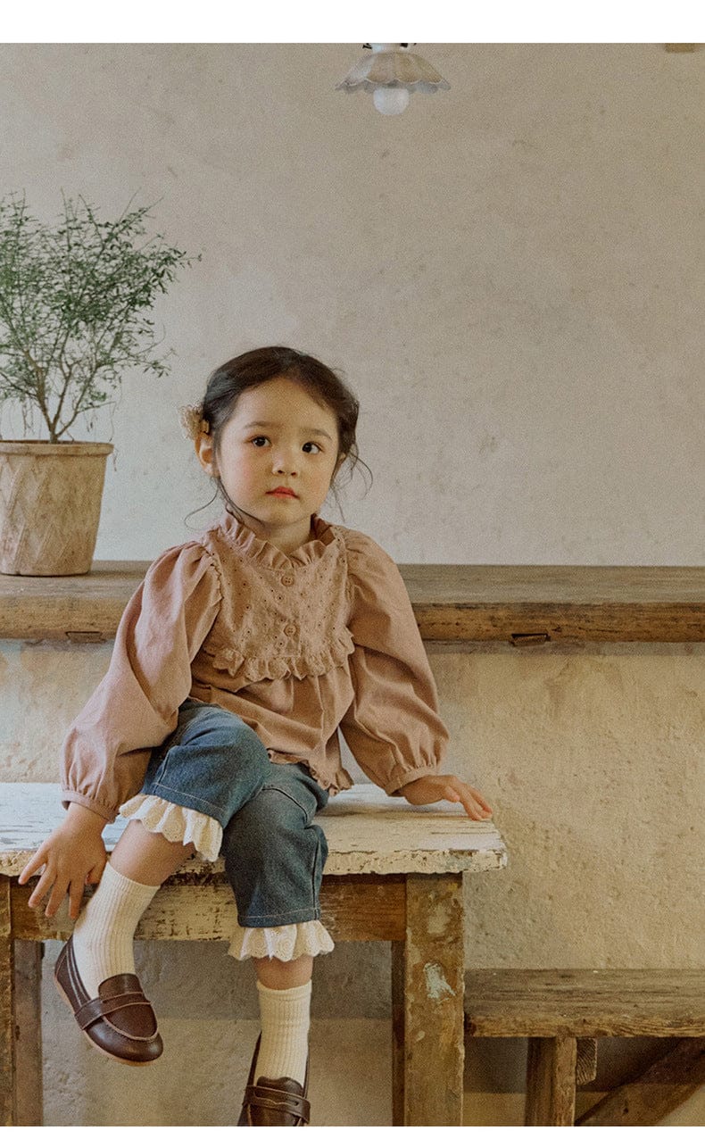 長袖シャツ・ブラウス フリルスタンドカラーブラウス 刺繍レース切り替えトップス【mh0010837】