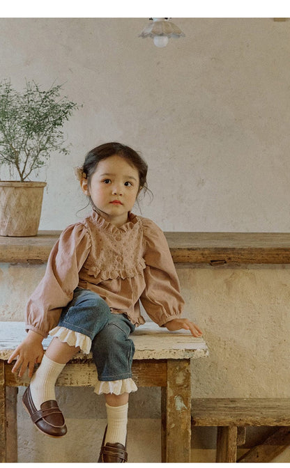 長袖シャツ・ブラウス フリルスタンドカラーブラウス 刺繍レース切り替えトップス【mh0010837】