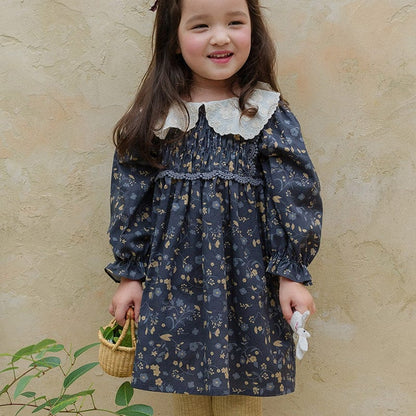 長袖ワンピース Navy Blue / 90cm キッズワンピース レース襟フラワープリント長袖ワンピース【mh0009051】