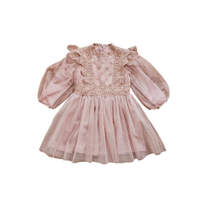 長袖ワンピース Pink / 90cm キッズワンピース レースチュールフリル長袖ドレスパーティワンピース【mh0009043】