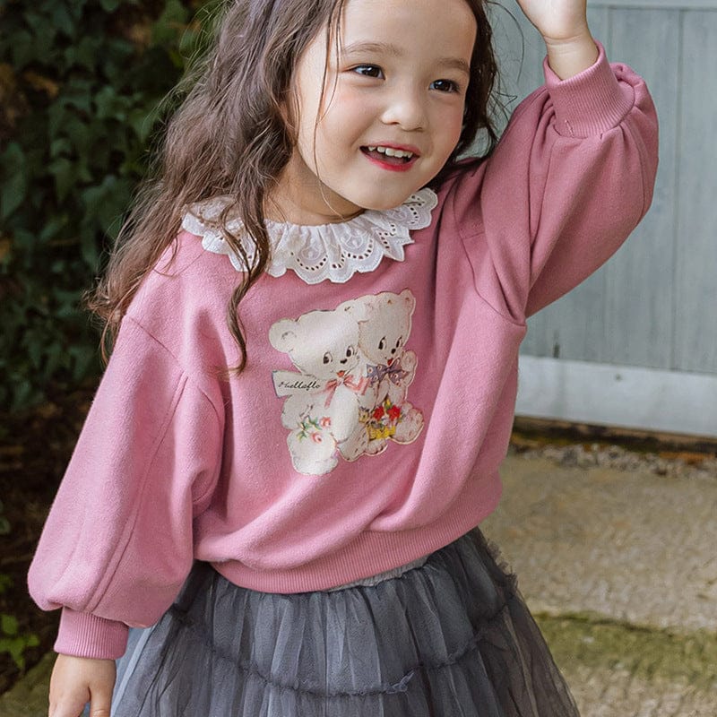 トレーナー・フーディ Pink / 90cm キッズトップス ベアくまプリントレースフリルカラー長袖スウェットシャツ【mh0009045】