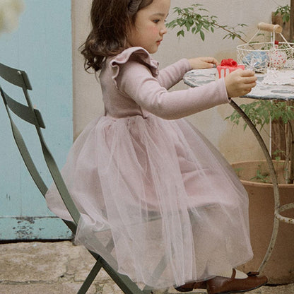 長袖ワンピース Pink / 90cm キッズワンピース ショルダーフリルカットソードッキングチュールスカート長袖ドレスワンピース【mh0009052】