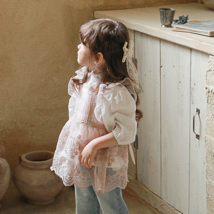 ノースリーブワンピース Pink / 90cm キッズトップス シアーレースエプロンドレス重ね着チュニックブラウス【mh0009070】