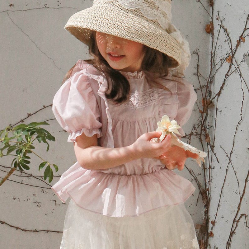 半袖シャツ・ブラウス Pink / 90cm ラッフルフリルレース半袖パフスリーブブラウス【mh0009639】