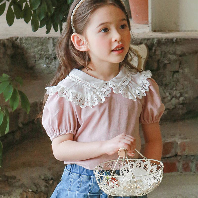 半袖シャツ・ブラウス Pink / 90cm ビッグレース襟半袖パフスリーブブラウス【mh0009641】