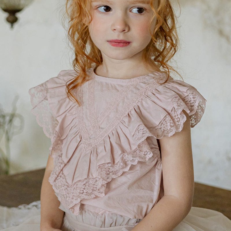 タンクトップ・キャミソール・ノースリーブトップス Pink / 90cm ボリュームレースフリルノースリーブブラウス【mh0009646】